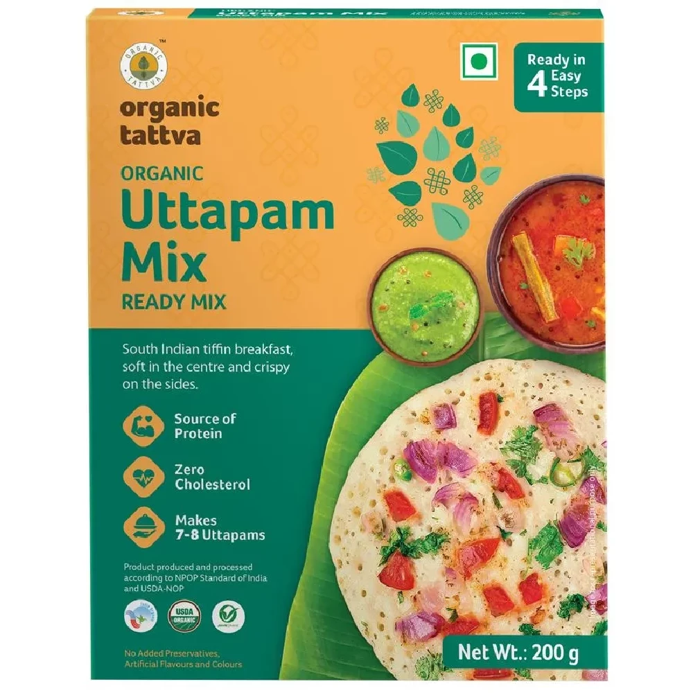 Organic Tattva Organic Uttapam Ready Mix - Crispy, Source Of Protein, Zero Cholesterol, 200 g Mono Carton-1.webp